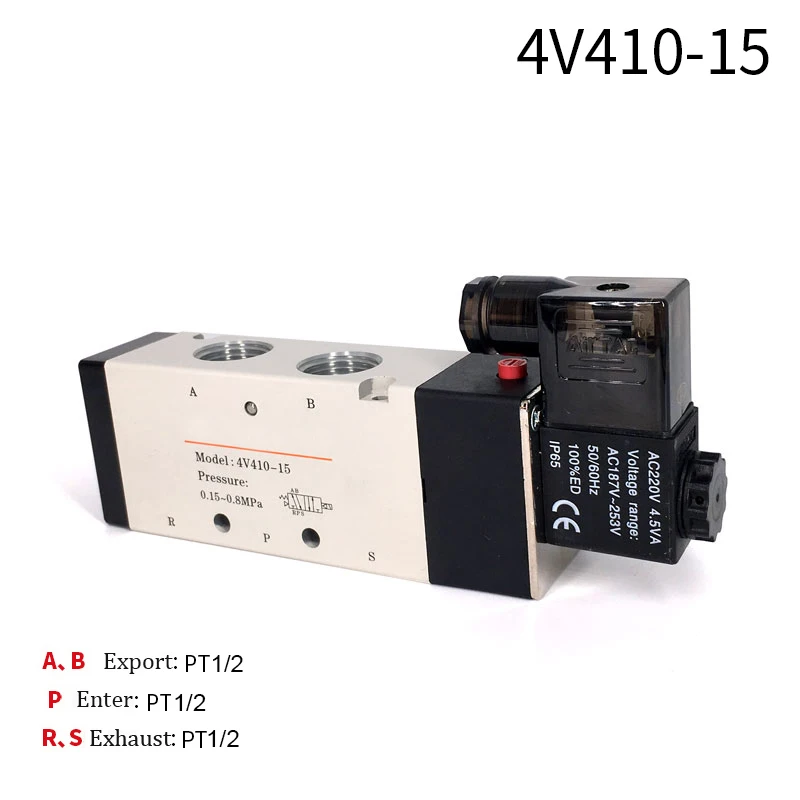 

Pneumatic Valve Electric Solenoid Valve 4v410-15 Control Air Gas Magnetic 5 Way 2 Position DC12V 24V AC110V 220V Coil Volt