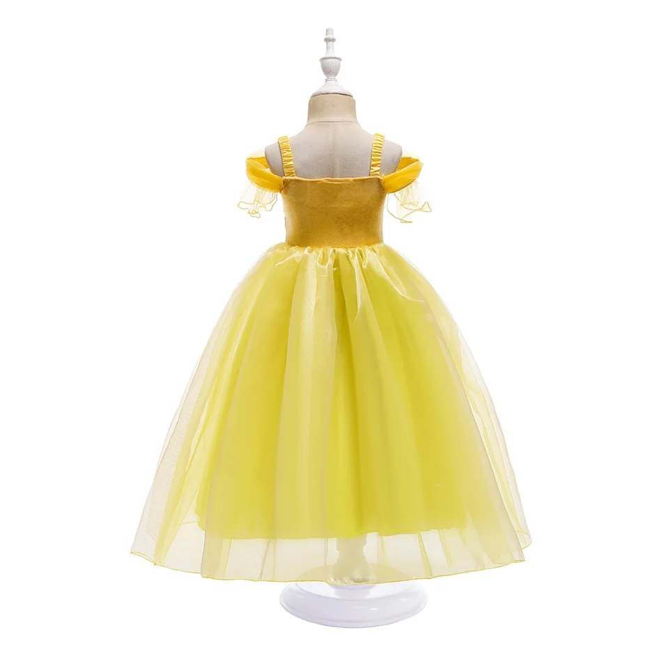 Girls' Sleeveless Yellow Tulle Princesa Vestido, Sino, Birthday Party, Performance de Palco, Kids Cosplay Dresses