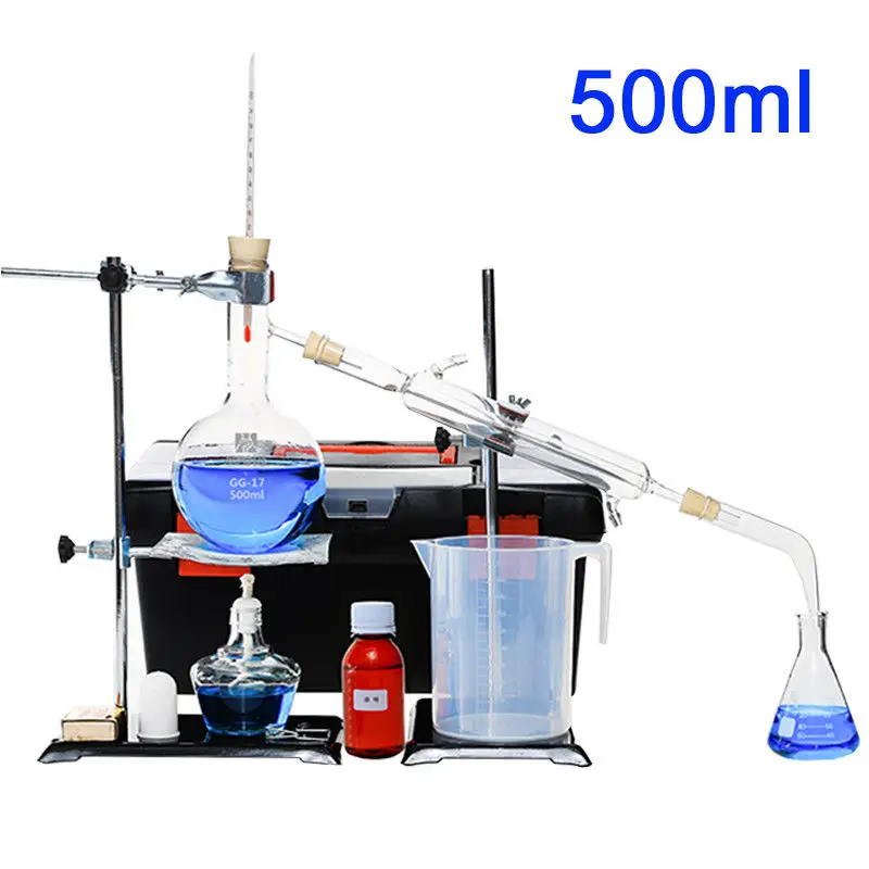 100ml-2000ml New Lab Essential Oil Distillation Apparatus Water Distiller Purifier Glassware Kits W/Condenser Pipe Full Sets