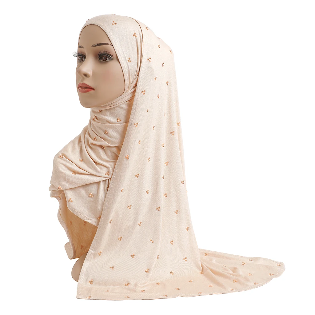 H201 High Quality Soft Cotton Jersey Scarf With Beadings modal headscarf women's hijab islamic female shawl Lady Bonnet headwrap