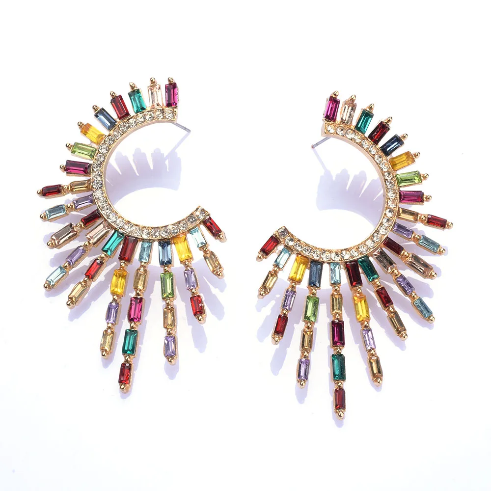 2025 New Multicolor Crystal Rhinestone C Shape Statement Earrings Women Boho Ethnic Fan Shape Tassel Indian Large Earring