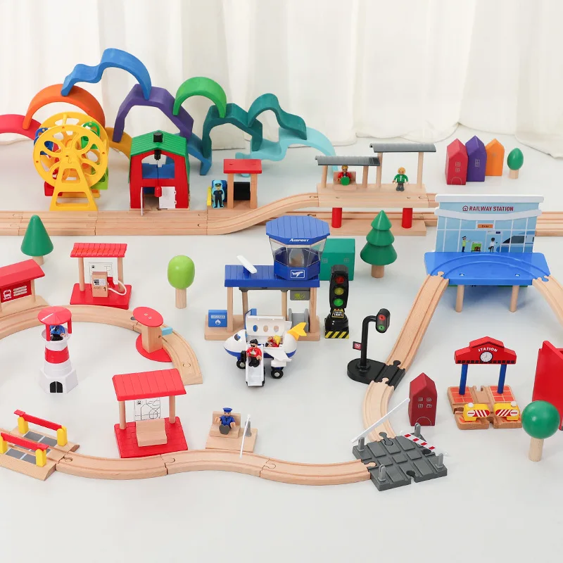 Wooden Train Track Extension Accessories Railway Toy Scene Accessories Gas Station Scene For Brand Track Toys for Boys and Girls