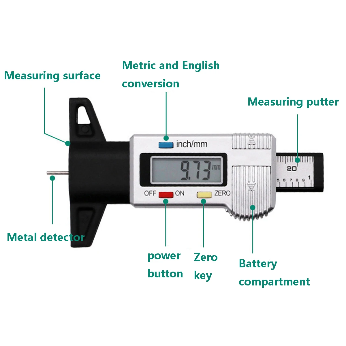 0-25.4mm Digital Car Tyre Tire Tread Depth Gauge Meter Caliper Thickness Gauges Auto Tire Wear Detection Measuring Tool