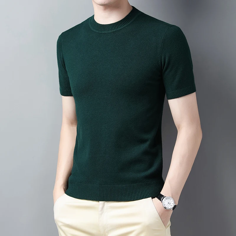 Men\'s Wool Sweater T Shirt Short Sleeve Jumper Male Solid Color Knit Tee Tops Slim Casual O-Neck Knitwear Shirt