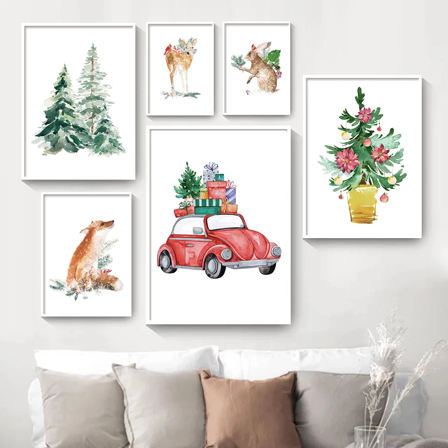 Christmas Tree Truck Car Fox Deer Rabbit Wall Art Canvas Painting Nordic Posters And Prints Pictures Kids Room Home Decoration