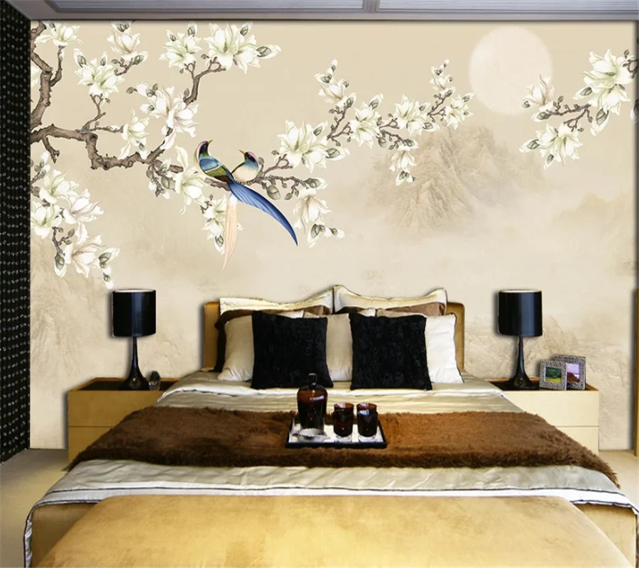 

beibehang Custom wallpaper 3d photo mural brush flower bird hand-painted magnolia figure living room bedroom mural 3d wallpaper