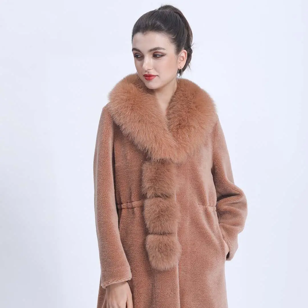 

Women High Quality Shearing Teddy Coat Winter Comfortable Wool Clothing Real Sheep Shearing Flannel Overcoat With Fur Collar