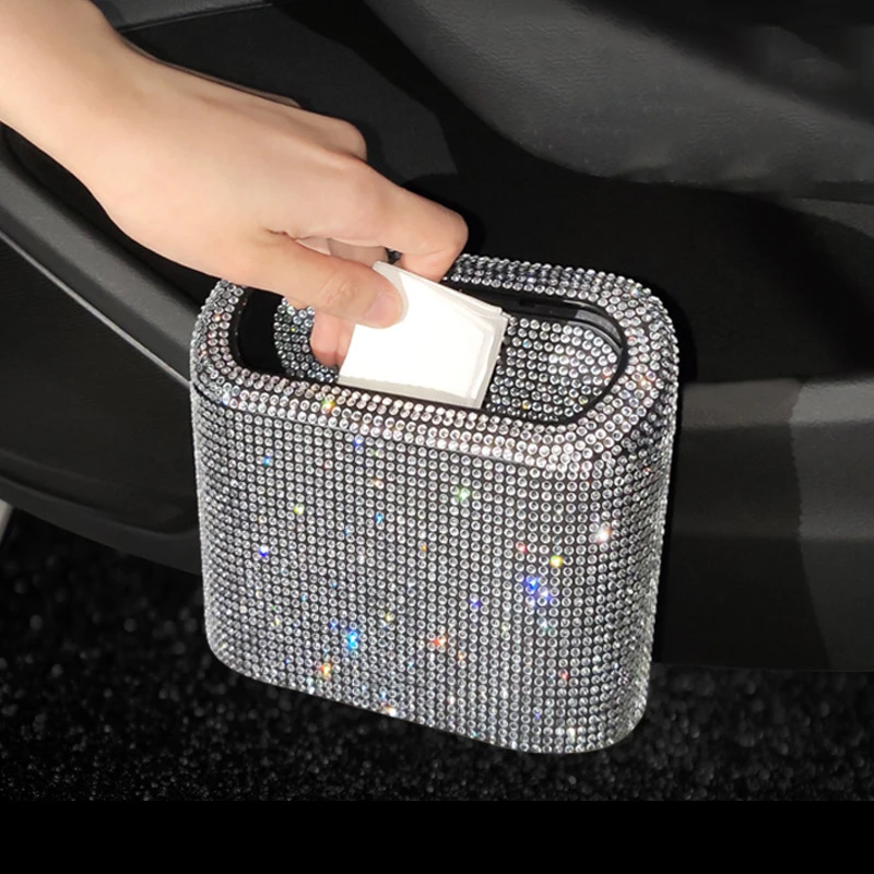 Car Rhinestone Trash Can Convenient Storage Bucket Tissue Phone Bin Garbage Box for Car Garbage Can with Lid Car Accessories