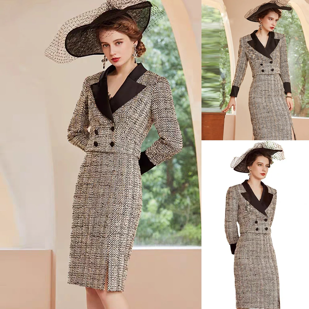 Elegant Women Suits Custom Made Peaked Lapel Check Blazer & Knee Length Skirt Office Lady France Style Double Breasted Jacket