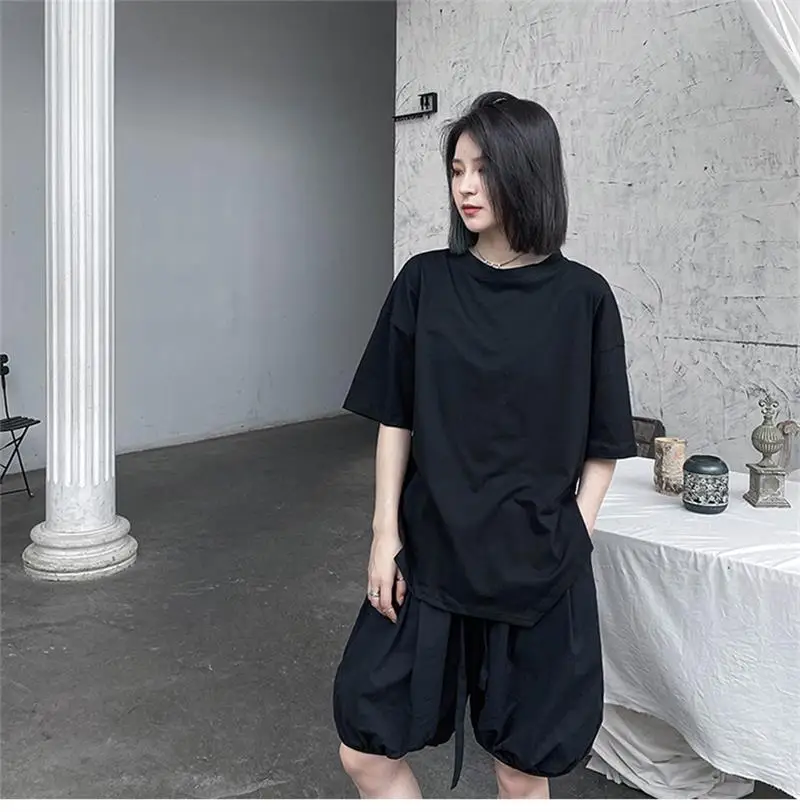 Women summer front and rear irregular asymmetrical garment line slit design short-sleeved T-shirt round collar solid color