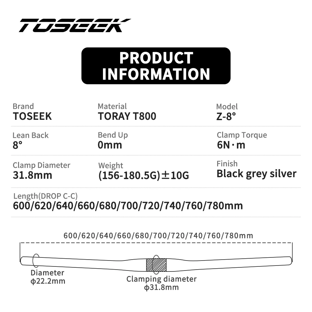 TOSEEK 8 Grad MTB-Carbon-Lenker, Fahrradlenker, 31,8 x 600–720/740/760 mm, mattschwarzer Lenker für Fahrradzubehör