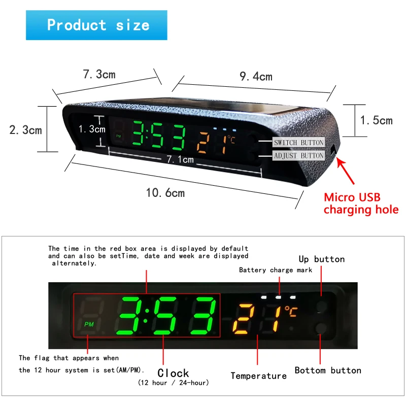 Solar Car Digital Clock Thermometer Dual Color Display Smart Switch High Precision LED Digital Clock Dashboard  Watch Accessorie