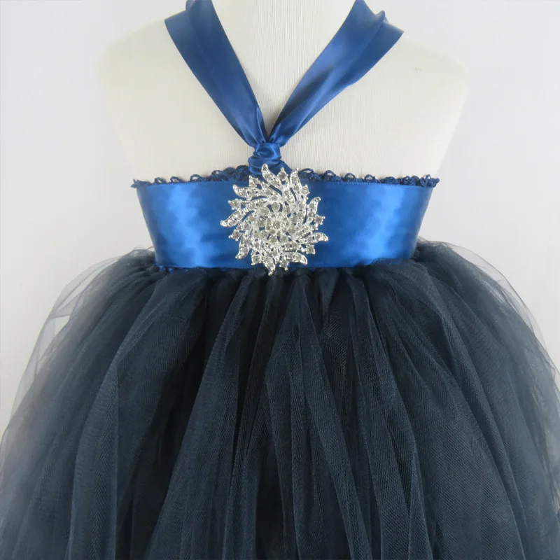 Navy Blue Flower Girls Tutu Dress for Wedding Big Crystal 1-14 Year Princess Toddler Baby Girls Birthday Party Clothes for Kids