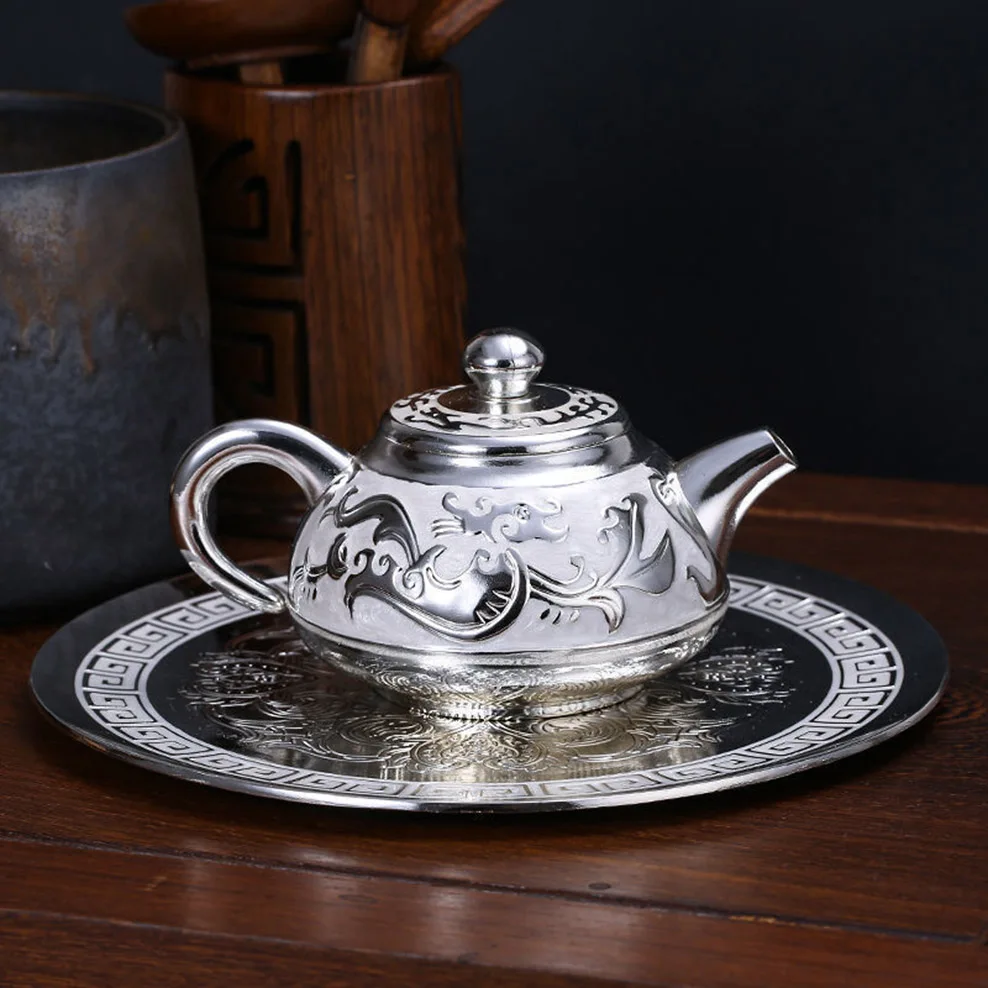 6-Piece Set S999 Silver Tea Set Dragon Totem Teapot Teacup With Tray Chinese Retro Sterling Silver Tea Set Gift