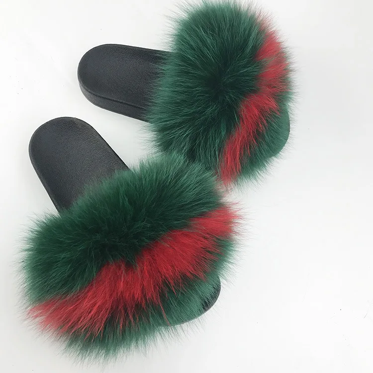 Wholesale 100% Real Fox Slippers Kids Winter Fur Child Home Slides Girls sliders Raccoon Fluffy Chinelo Flats Beach Summer