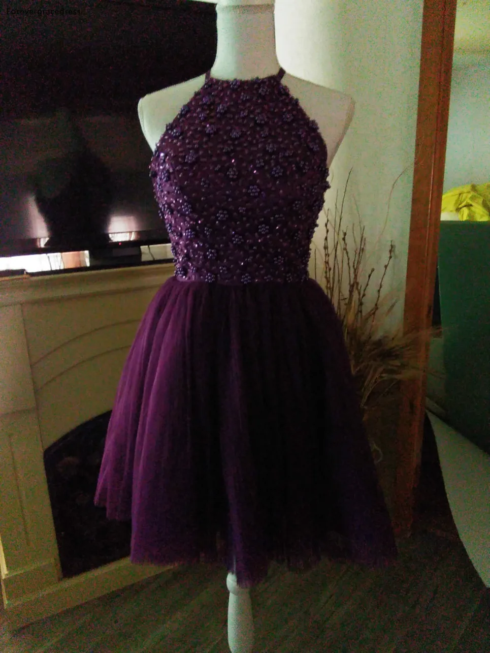 Vestido de fiesta morado, línea A, Halter, Espalda descubierta, con cuentas, vestido de fiesta, Homecoming