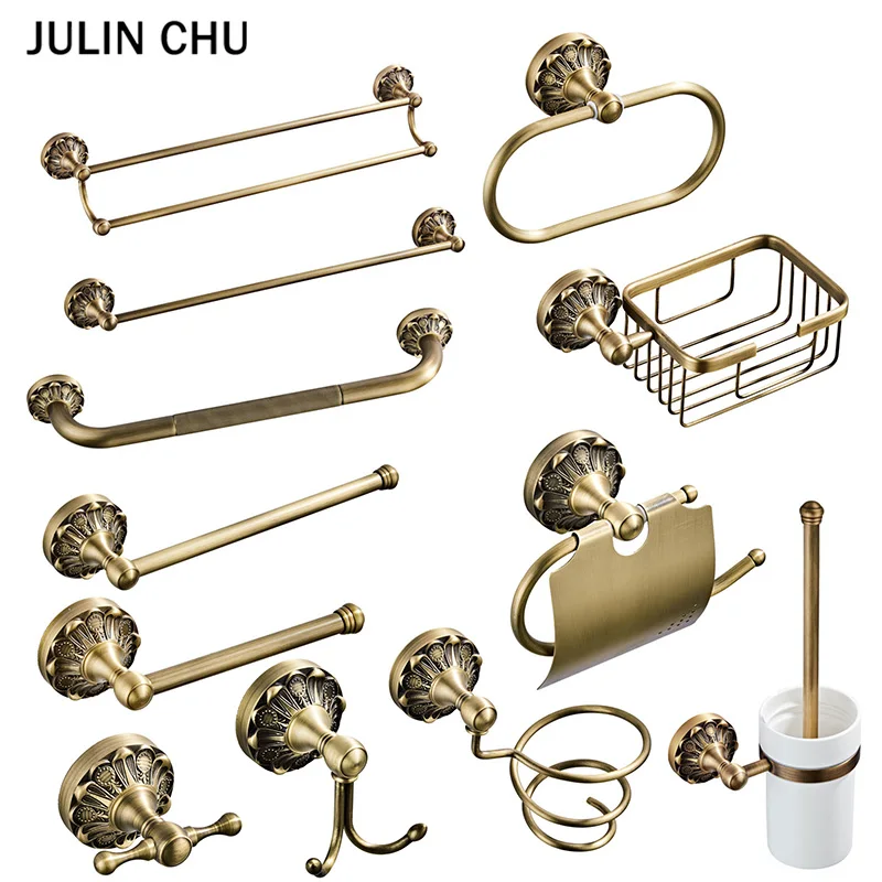 Antique Bathroom Accessories Set Bronze Vintage Brass Hairdryer Holder WC Paper Towel Rack Ring Soap Basket Robe Hook Grab Bars