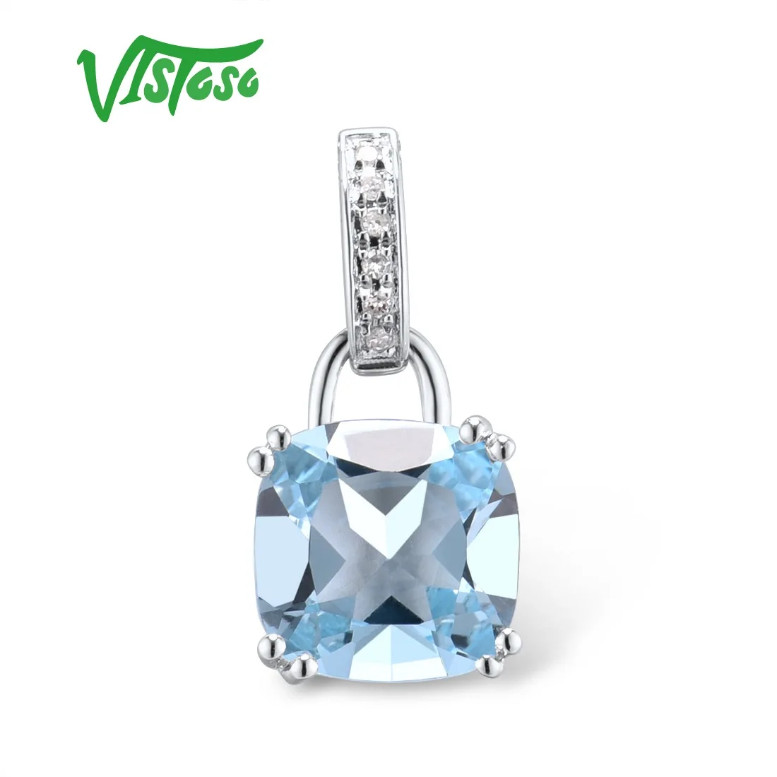 VISTOSO Pure 14K 585 White/Rose Gold Pendant For Women Radiant Sky Blue Topaz Garnet Diamond Simple Style Classic Fine Jewelry