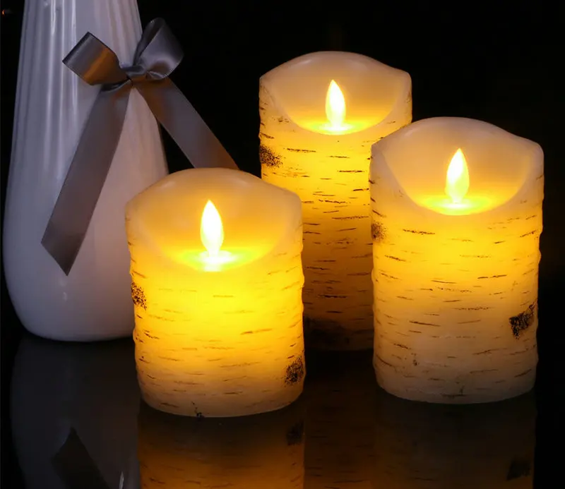 

Remote Controlled Set of 3 Birch Bark Effect Flameless Candles Battery Operated Pillar Real Wax Flickering Electric LED Candle