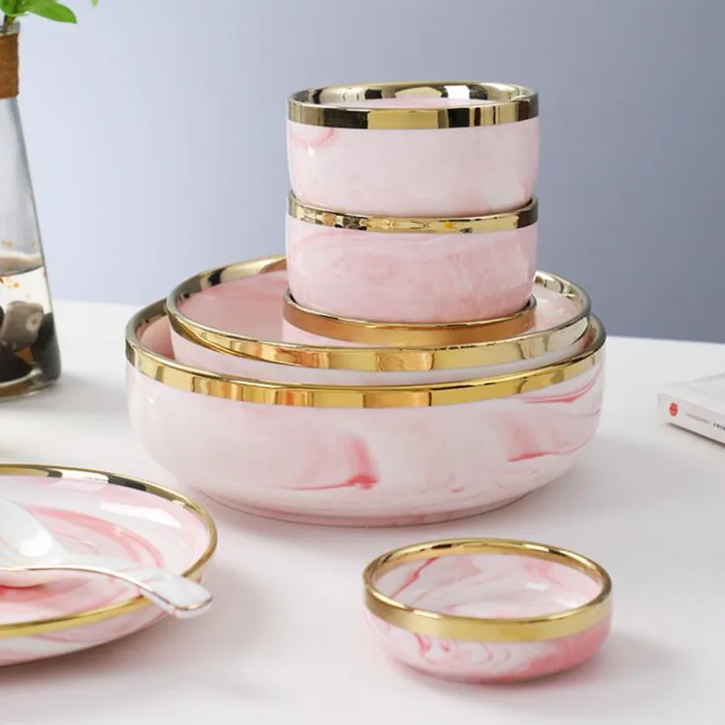 Gold Gilt Rim Pink Marble Pattern Porcelain Dinner Plate Kitchen Tray Ceramics Bowl Soup Salad Tableware 1pc