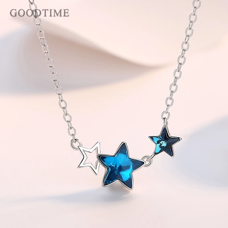 Fashion Pure 925  Sterling Silver Necklaces Blue Zircon Pentagonal Star Pendant Chain Lady Anniversary Gift Noble Women Necklace