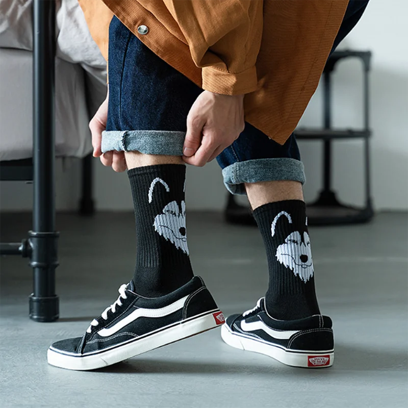 Socks Men White Black Short Sox Hip Hop Funny Cartoon Animal Panda Tiger Wolf Eagle Pattern Socks Skateboard Harajuku Mens Soks