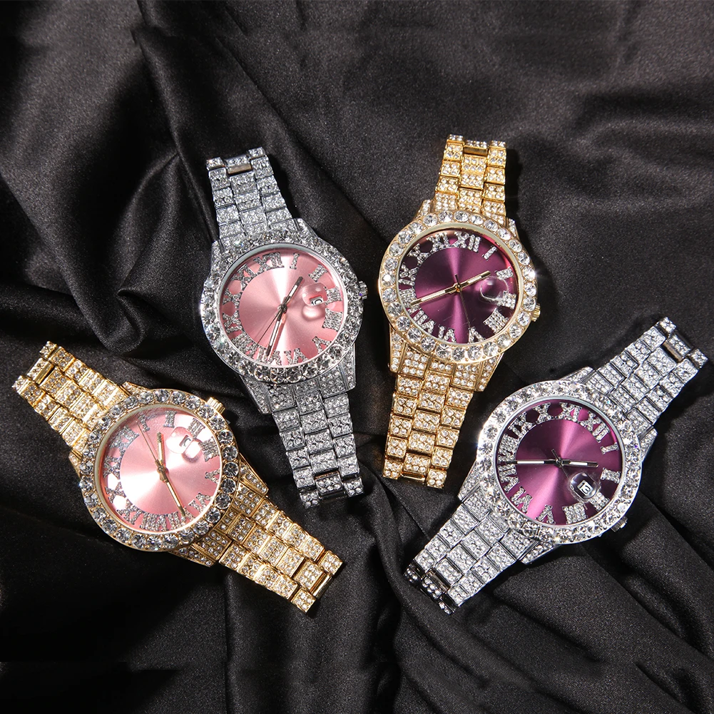 Uwin Big Dial Watches Pink Purple Blue Black Full Iced Out Men Stainless Steel Fashion Luxury Rhinestones Quartz  Business