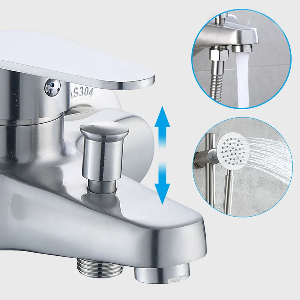 SUS 304 Stainless Steel Hot and Cold Wall Mounted Single Handle Two Holes Triple Sink Bathtub Tap Bathroom Shower Tub Faucet