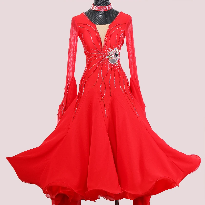 

Red Modern Dance Practice Costumes New Women Ballroom Dance Competition Dress Big Swing Waltz Performance Dancing Clothes