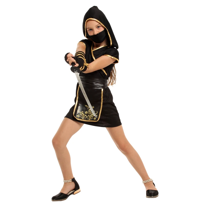 Kids Child Japan Samurai Black Gold Ninja Girl Costume Cosplay for Girls Carnival Purim Halloween Costumes Fancy Dress 3-4T 4-8Y - Image 3