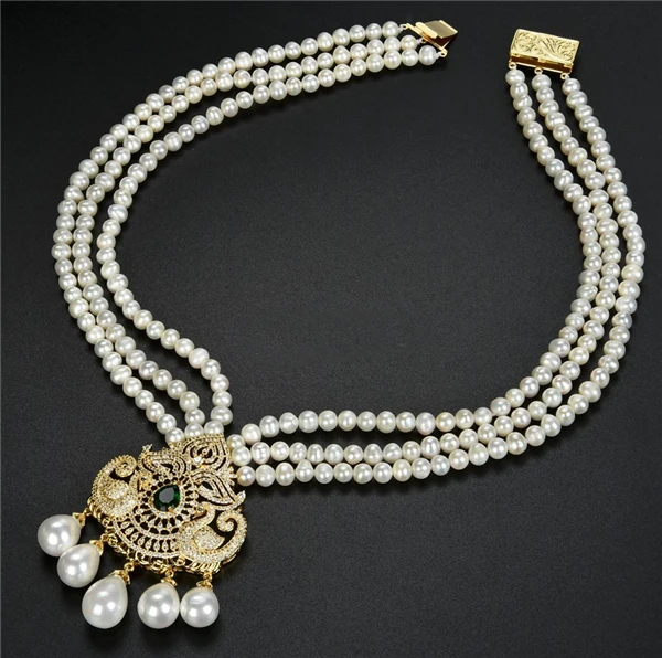 HABITOO Noble 7-8mm 3 Strands Natural White Freshwater Pearl Bead Green Crystal White Shell CZ Pearl Tassel Necklace Jewelry