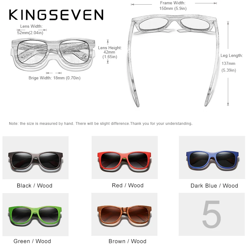 KINGSEVEN Brand Handmade Natural Wooden Gradient Lens Polarized Sunglasses For Men Women UV400 Big Full Wood Frame Male Eyewear