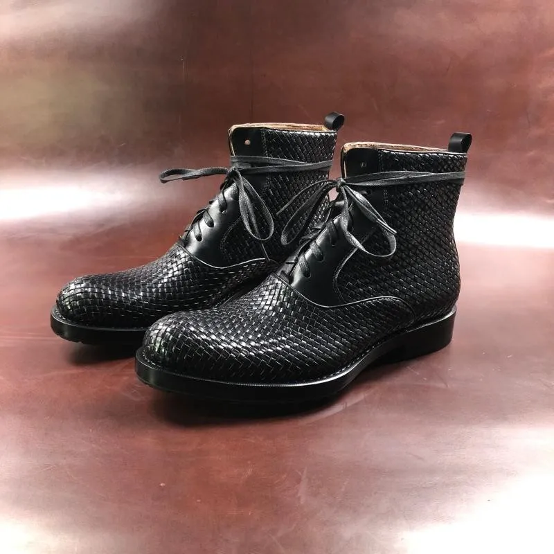 Handmade Weave Cowhide Cowboy Boots Men Vintage Genuine Leather Pointed Toe Motorcycle Bikers Boots Mens Shoes Large Size 37-45