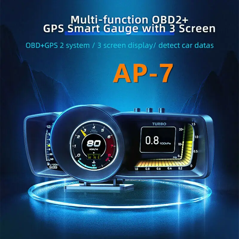 Smart Gauge OBD2+GPS HUD 3 LCD Screen Speedometer Alarm Light Detect Car Datas Clear Fault Adjustable Bracket AP-7