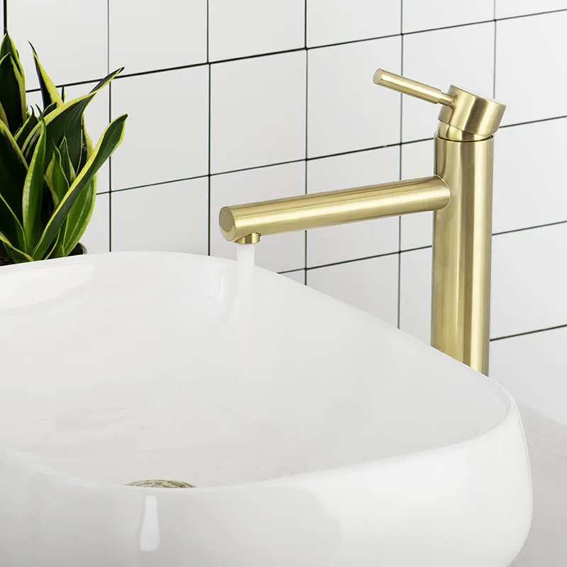 

Brushed Gold Brass Bathroom Basin Faucet Tall Style Single Handle Single Hole Deck Mounted Cold And Hot Water Mixer Taps