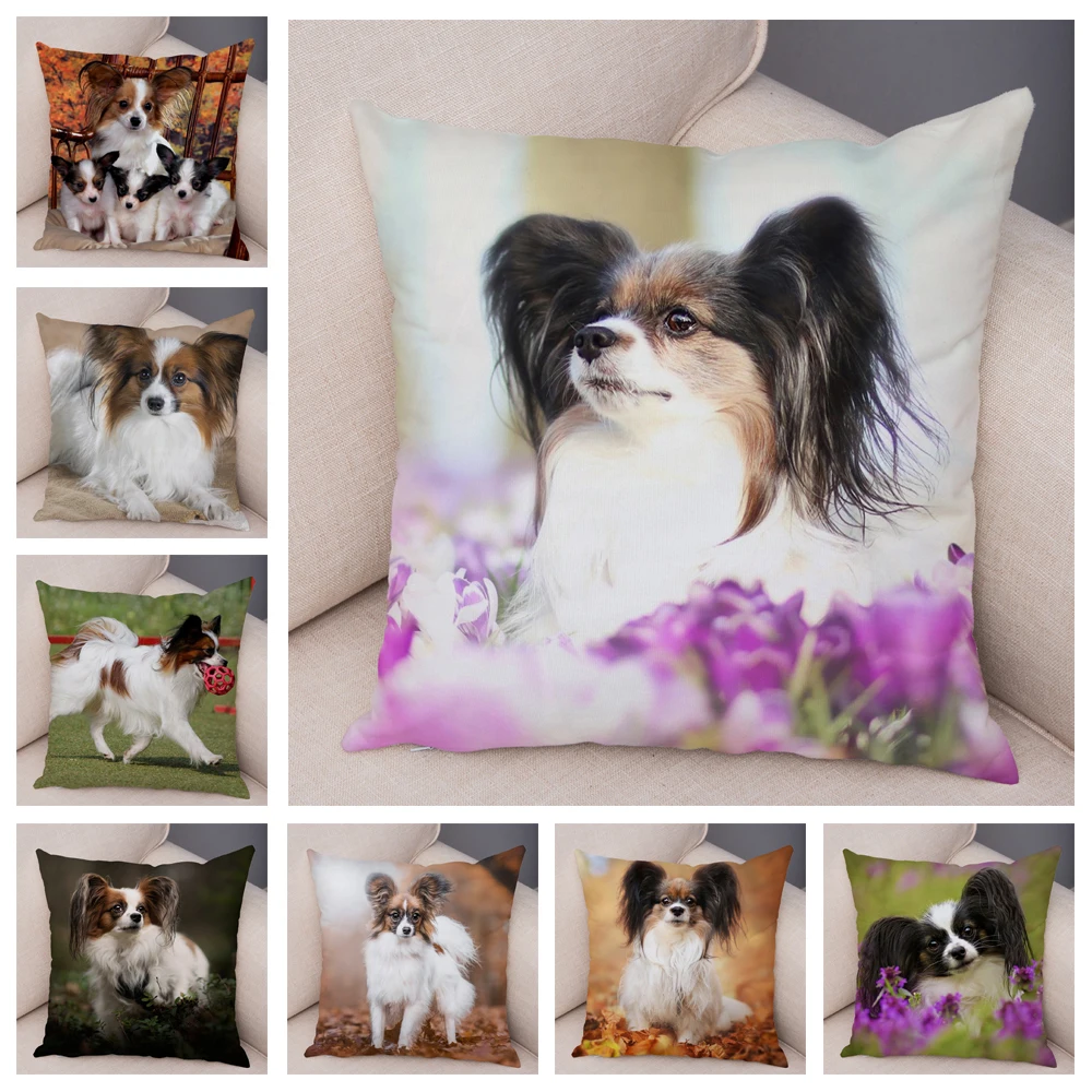 Cute Pet Animal Cushion Cover Spain Papillon Dog Soft Plush Pillowcase Decor Dog Printed Pillow Case for Sofa Home Car 45*45cm