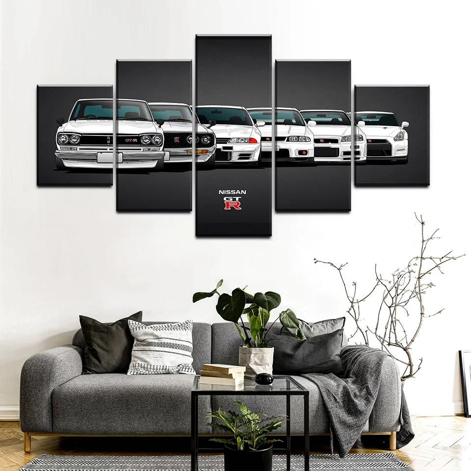 

Canvas Wall Art Prints, White Sports Car Pictures Modern Home Decorative Artwork, Framed Living Room Decoration Paintings, 5 PCs