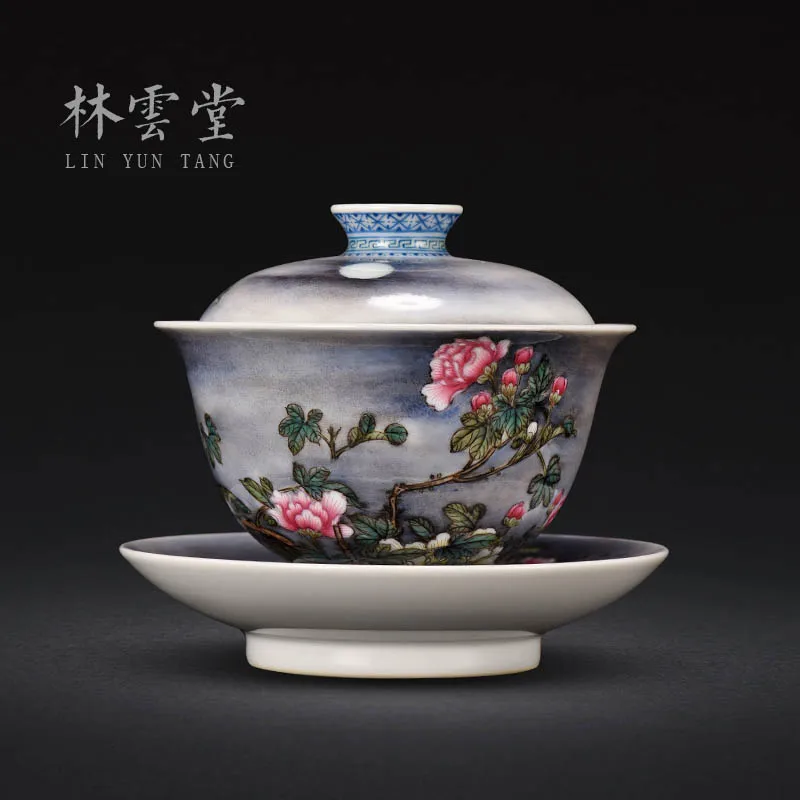 Lin Yuntang night next month under pastel peony tureen bowl large tureen jingdezhen high-grade tea cups