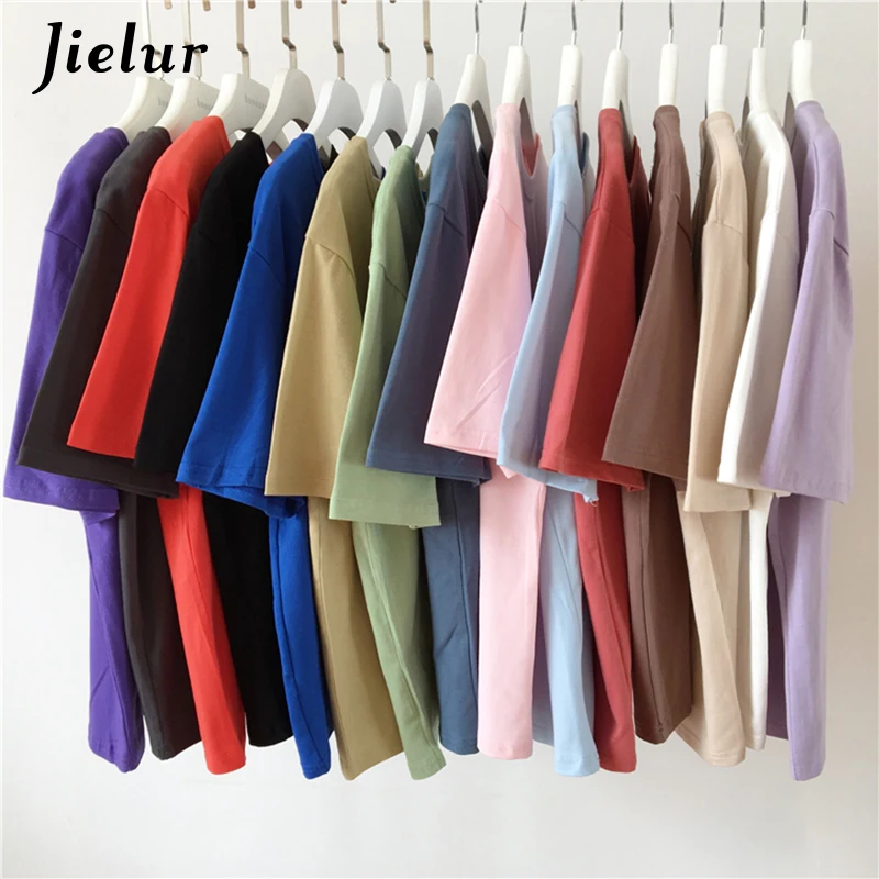 Jielur Tee Shirt Solid Color Basic T Shirt Women Casual O-neck Harajuku Summer Top Korean Hipster White Tshirt S-XL