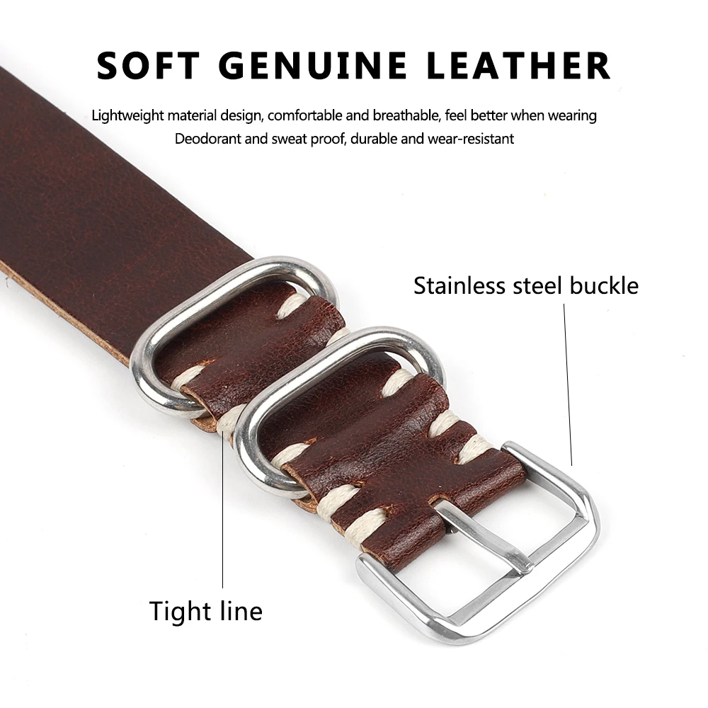 Genuine Leather Strap Watchband 20mm 22mm Cowhide Handmade Stitched Wristband Bracelet Steel Ring Buckle Watches Replacement