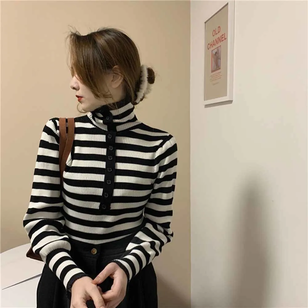 Winter Turtleneck Knitted Sweater Women Autumn Korean 2022 Long Sleeve Striped Pullover Slim Base Outwear Ladies Elegant Jumper