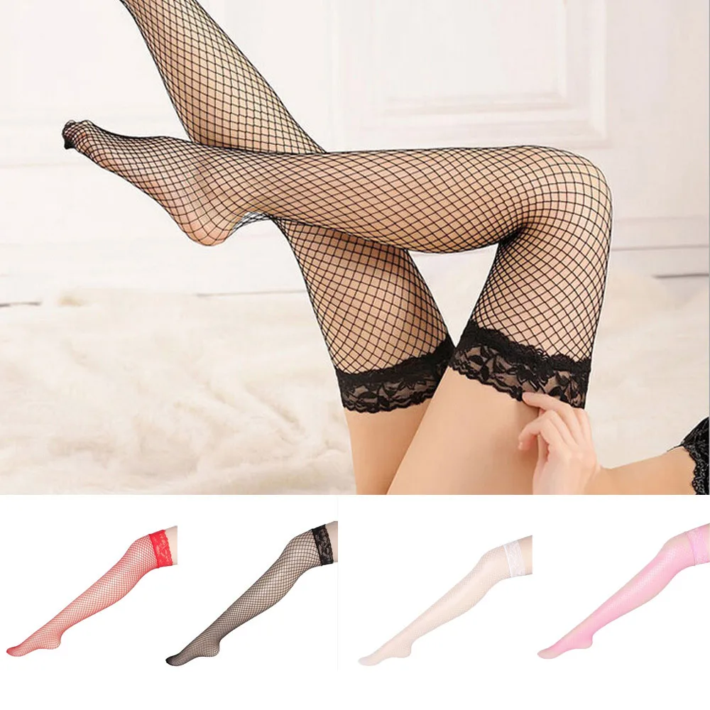 Women Sexy Lace Thigh High Stockings With Anti-slip Silicone Band High Elastic Nylon Medias De Mujer Fishnet Party Hosiery