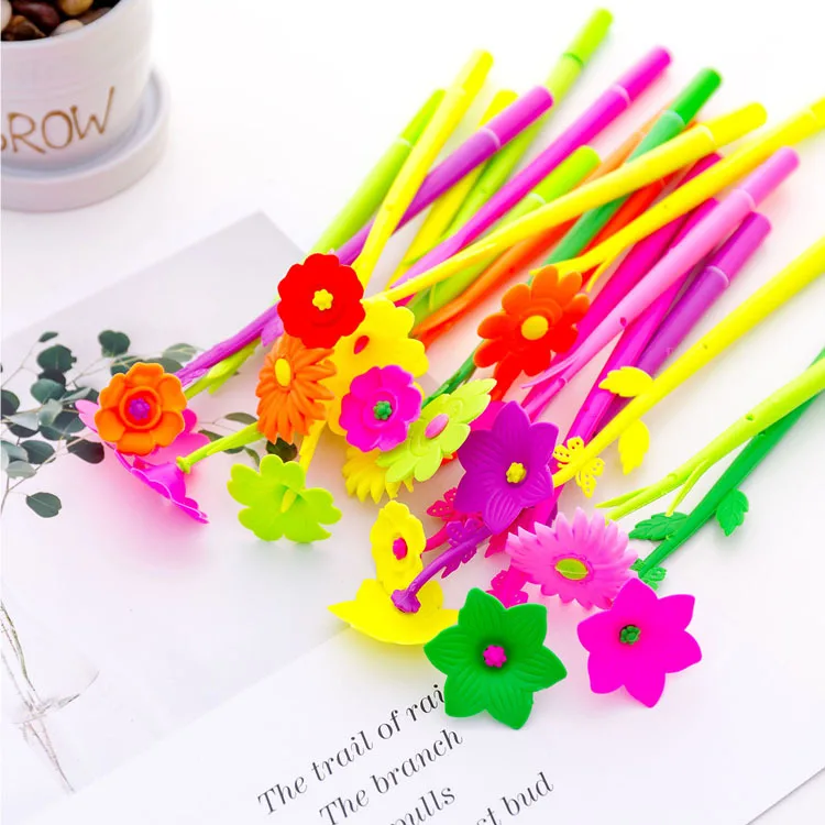 24 Pcs Korea Creative Stationery Lovely Plant Flower Silicone Neutral Pen Student Prize Gift Wholesale Kawaii Cute Stationary