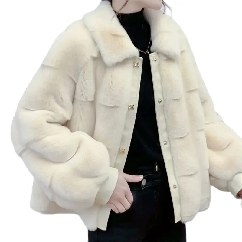 Korean Danish Mink Short Coat All-Match Women\'s Faux Fur Jacket High-End Fashion Mother\'s Clothes Splicing Wool Jacket Black Q8