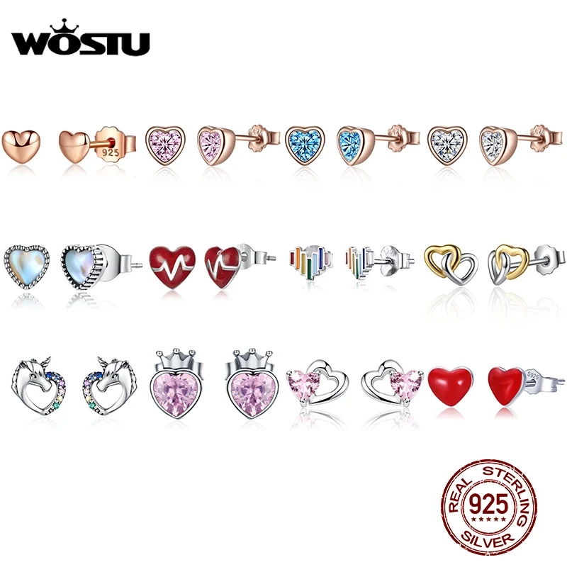 WOSTU Heart Stud Earrings 925 Sterling Silver Rose Gold & Red Heart Zircon Enamel Small Earrings For Women Original Jewelry