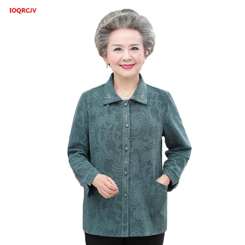 

Elderly Women Blouses Autumn Old-age Mother Tops Long Sleeve Printed Shirt Grandmother Spring Thin Cardigan Coat W707