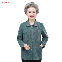 Elderly Women Blouses Autumn Old-age Mother Tops Long Sleeve Printed Shirt Grandmother Spring Thin Cardigan Coat W707