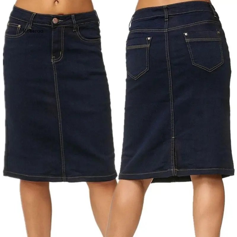 Denim Skirt Women Fashion Casaul Stretch Knee Length Washed Denim Blue Skirts  Pockets Pure Color Office Female Skirts