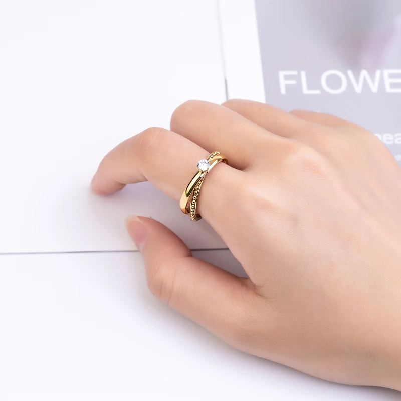 Beautiful Double Ring Crystal Ring High Quality Stainless Steel Gold And Silver Color Wedding Jewelry Love Gift