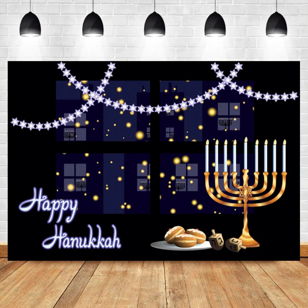 

Laeacco Happy Hanukkah Background Candle Menorah Cake Stars Birthday Room Decoration Photographic Photo Backdrop For Photo Studi